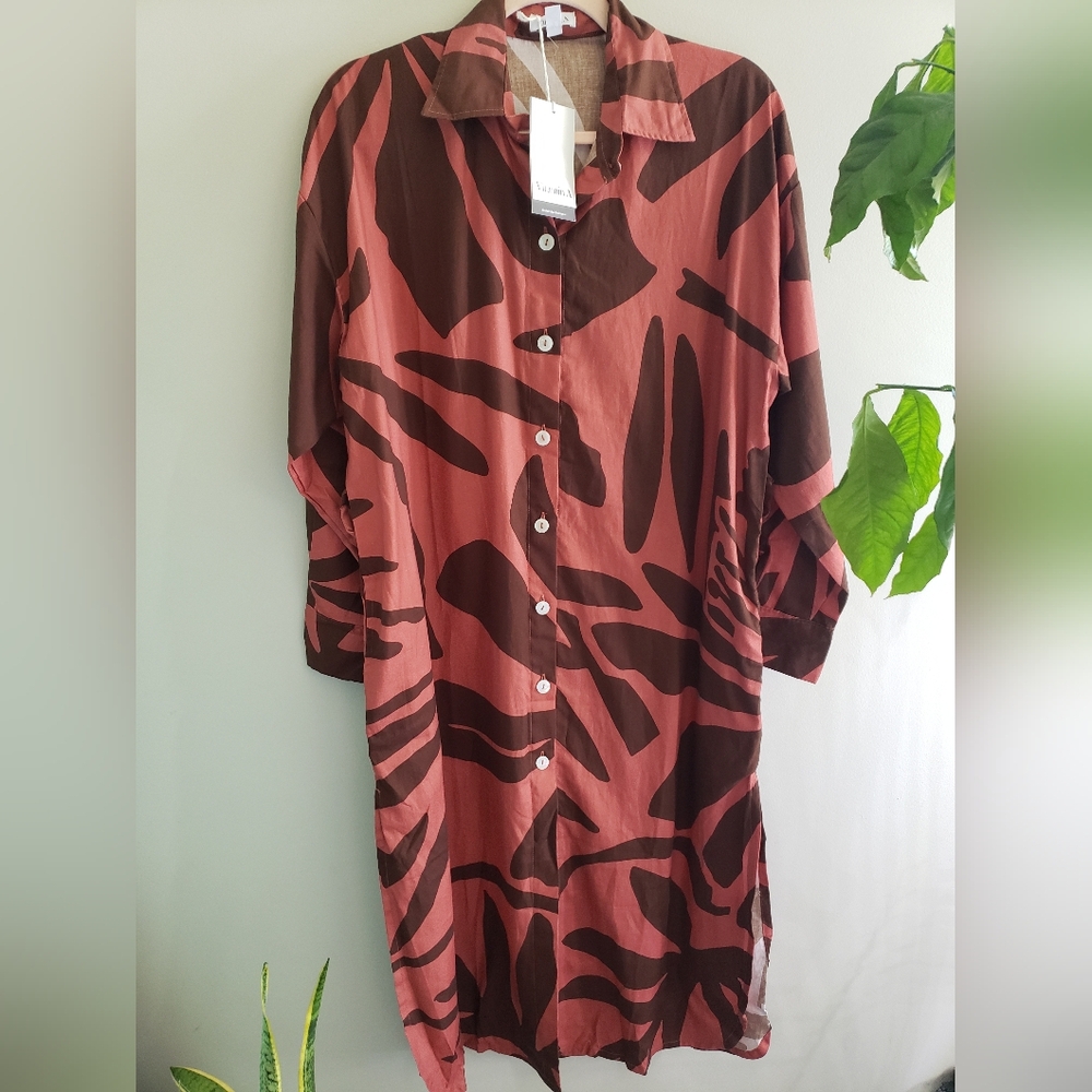 Vitamin A Oversized Airy Button Down Swim Cover Up, Red Tropical Abstract Print